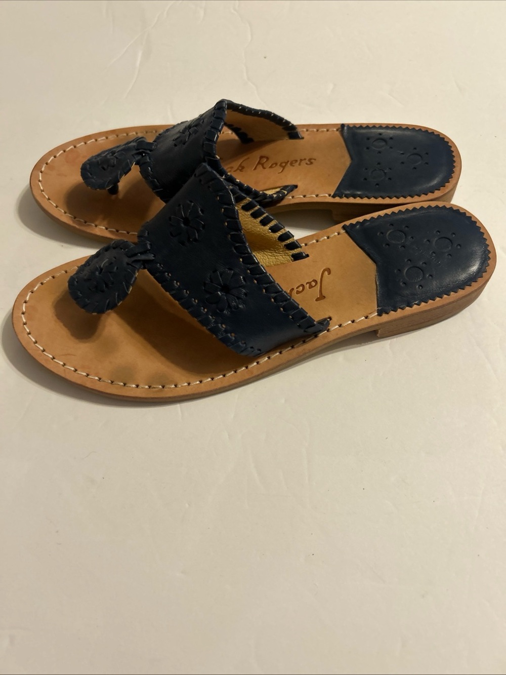 Jack Rogers Navy Leather Whipstitched Toe-Post Sandals - Picture 4 of 5